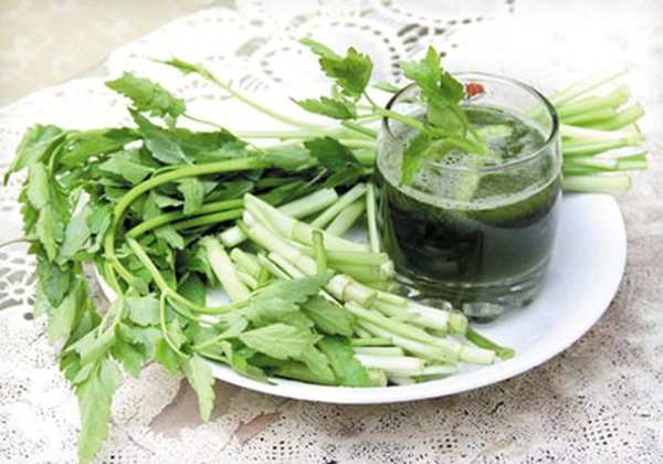 Rau cần nước tươi và ly nước ép thành phẩm